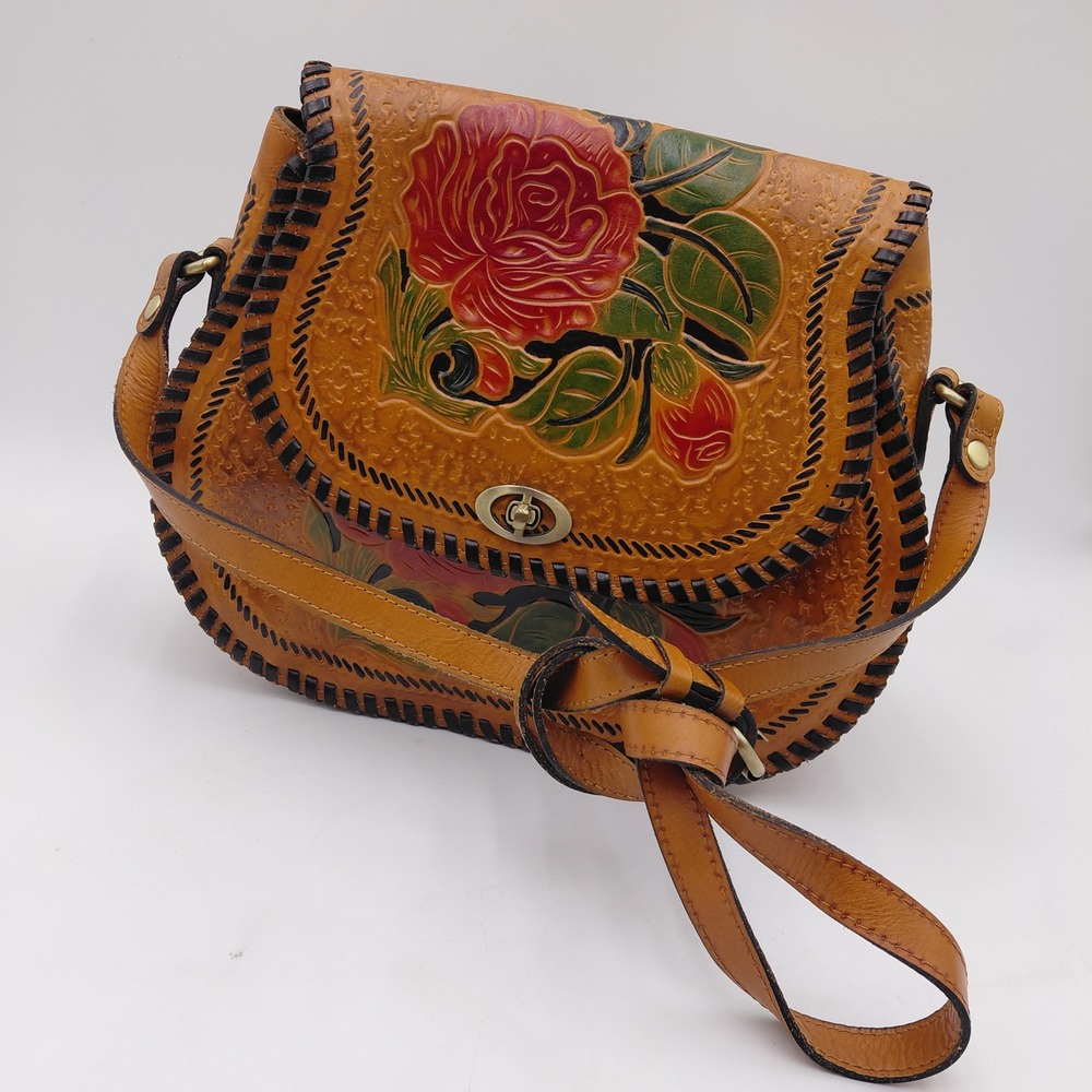Patricia Nash Tan Leather Tooled Rose Crossbody Bag Whipstitch Saddle Purse Boho